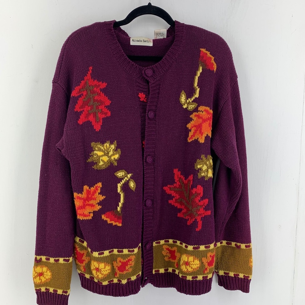Vtg 90s Alexandra Bartlett Fall Thanksgiving Cardigan Sweater XL Cotton Grandma